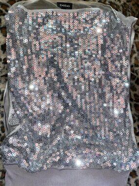 BEBE Silver Sequin Strapless Tube Top Glam Party Y2K M